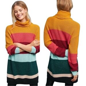 Farm Rio x Anthropologie Boldly Stripes Colorblock Turtleneck Tunic Sweater L